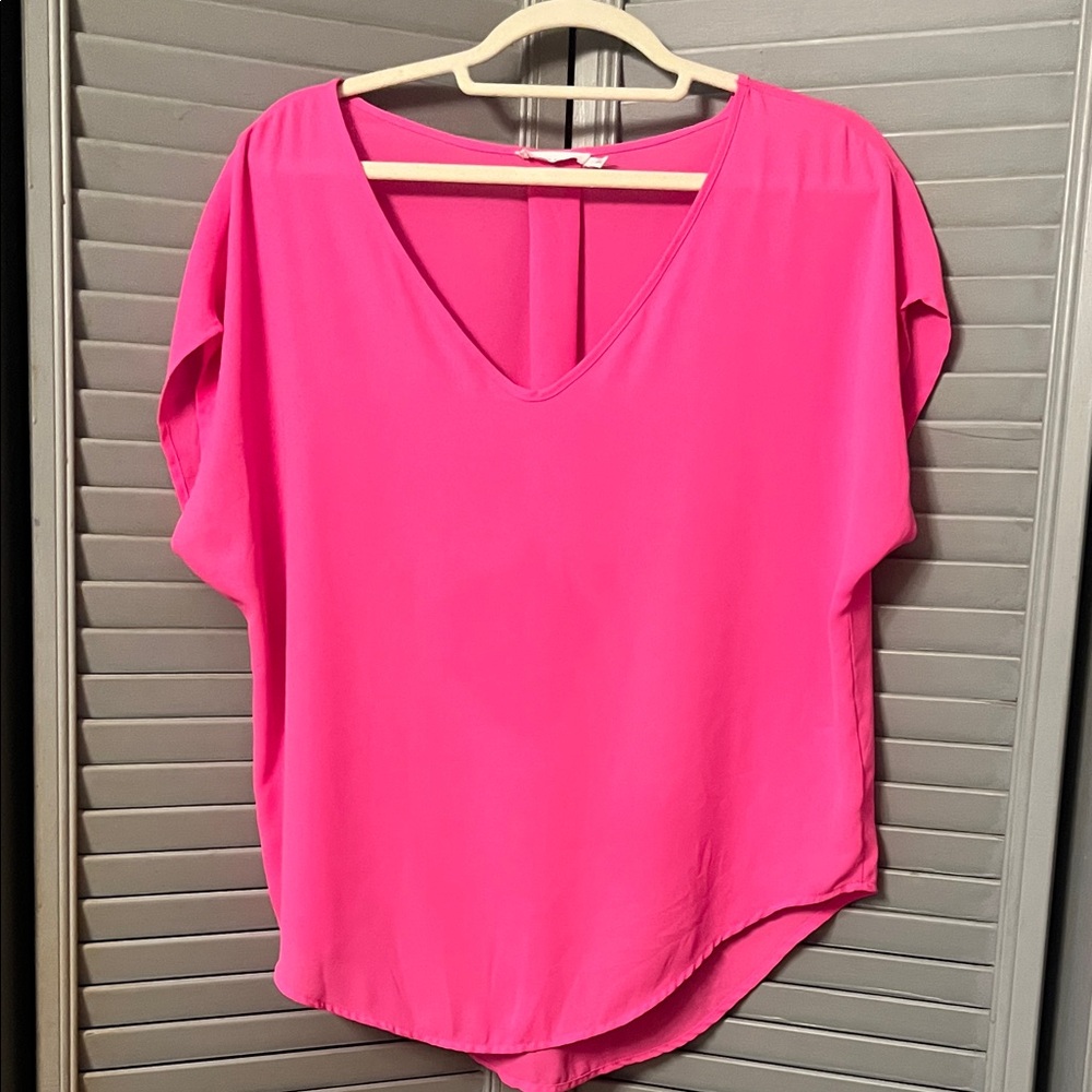 Lush Hot Pink V-Neck Chiffon Relaxed Fit Blouse, Sleeveless Drop Shoulder, Sz L